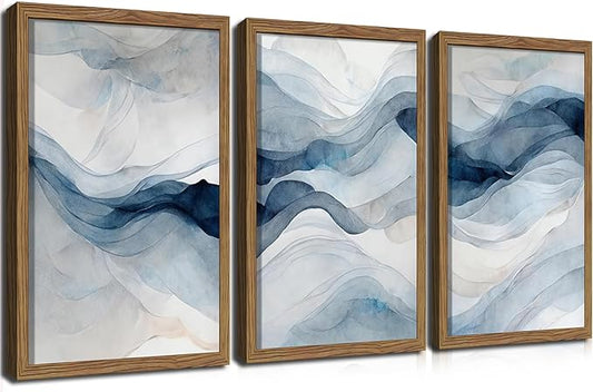 Blue Abstract Wall Art, Modern Navy Blue Abstract Canvas Wall Decor Paintings, Neutral Minimalist Texture Posters Prints Pictures for Living Room Bedroom Office Home Decor 16x24 Inch Wood Framed
