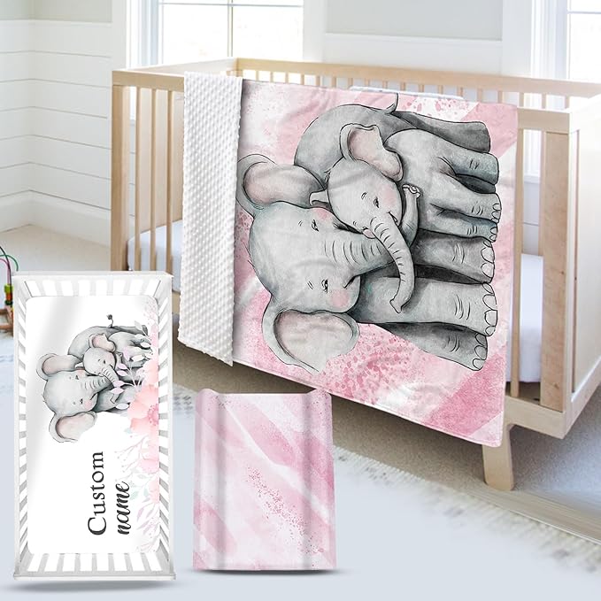 Custom Name Crib Bedding Set 3-Piece – Pink Elephant Design Baby Bedding Set with Personalized Soft Blanket, Fitted Sheet, Changing Pad Cover – Ideal Newborn Gift for Boys and Girls