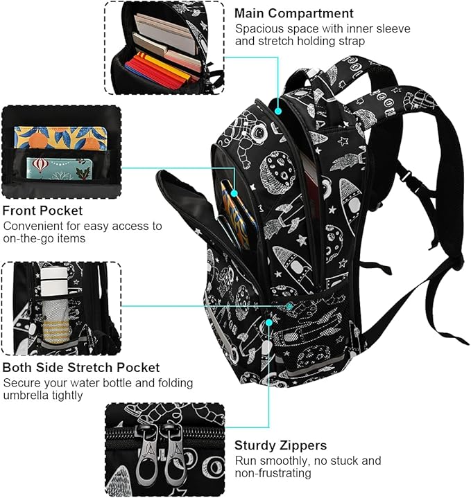 MNSRUU School Backpack with Chest Strap, Cartoon Astronaut Planet And Rocket Laptop Backpack, Travel Hiking Backpack for Boys Girls, Rucksack, Knapsack