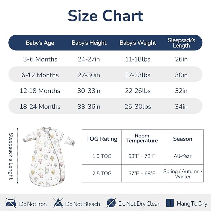 Baby Sleep Sack 6–12 Months, Cotton Sleep Sack with Detachable Long Sleeves, 1.0 TOG Wearable Blanket for Cooler Nights, 2-Way Zipper Toddler Sleeping Sack with Temperature Strip, Hot Air Balloon