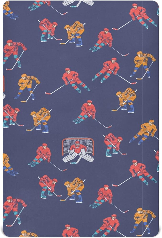 Hockey Players Blue Crib Sheets Soft Breathable Fitted Baby Crib Sheets Mattress Cover for Girl Boys, 52" x 28" x 9"