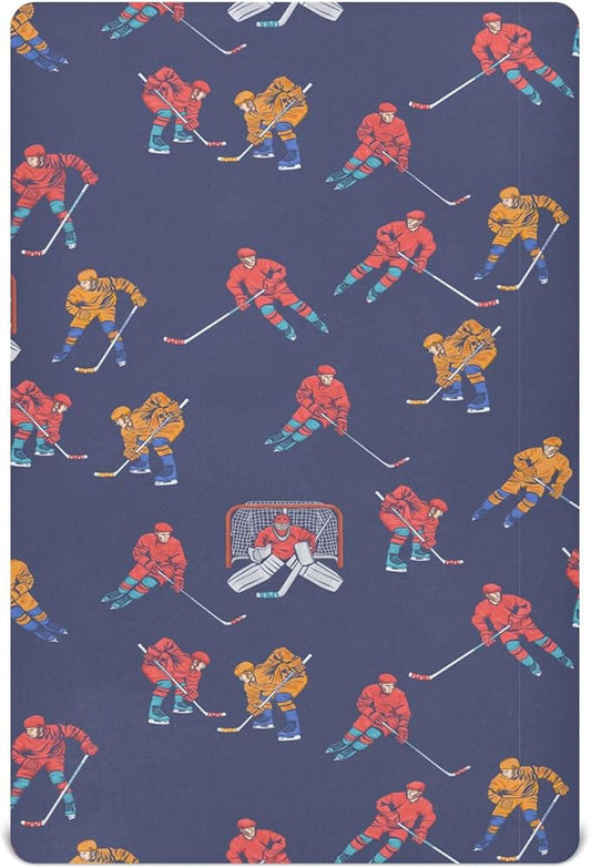 Hockey Players Blue Crib Sheets Soft Breathable Fitted Baby Crib Sheets Mattress Cover for Girl Boys, 52" x 28" x 9"
