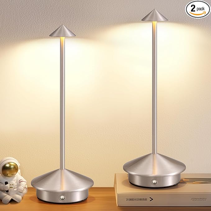 NEWSEE Modern Cordless Table Lamp Set of 2, Portable LED Desk Lamps, 5000mAh Rechargeable Battery Operated Lighting for Bedroom Dining Room Restaurant Coffee Shop Camping Night Light (Brushed Nickel)