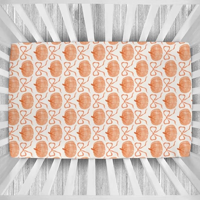 Fall Pumpkins Orange Bows Baby Crib Sheets Vintage Autumn Pumpkins Baby Sheet Thanksgiving Harvest Fitted Crib Mattress Cover for Standard Crib and Toddler Mattress 28"x52"