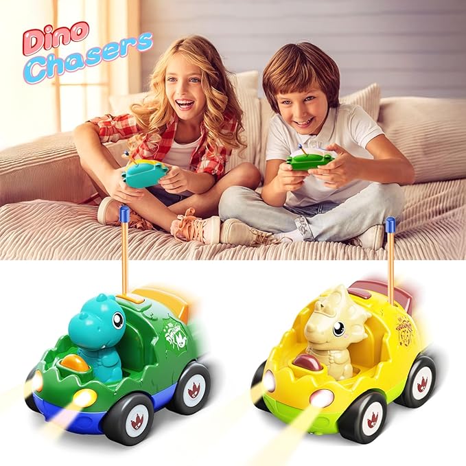 2 Pack Dinosaur Remote Control Cars for Toddlers 2 3 4 5 Years Old - Birthday Gift Ideas for Boys Ages 2-5, Kids Dino Toys RC Vehicle with Lights and Music for Family Fun(Yellow Green)