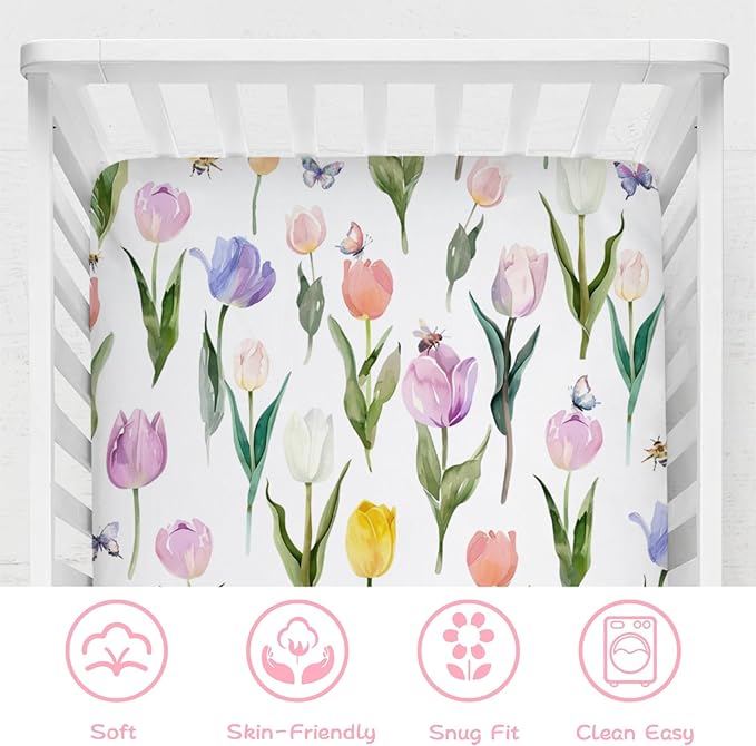 Watercolor Tulips Bees Butterflies Baby Crib Mattress Sheet 52''x28'' Boho Spring Floral Stretchy Fitted Crib Mattress Sheet for Boy Girl Wild Flower Soft Bed Sheet for Standard Crib Toddler Mattress