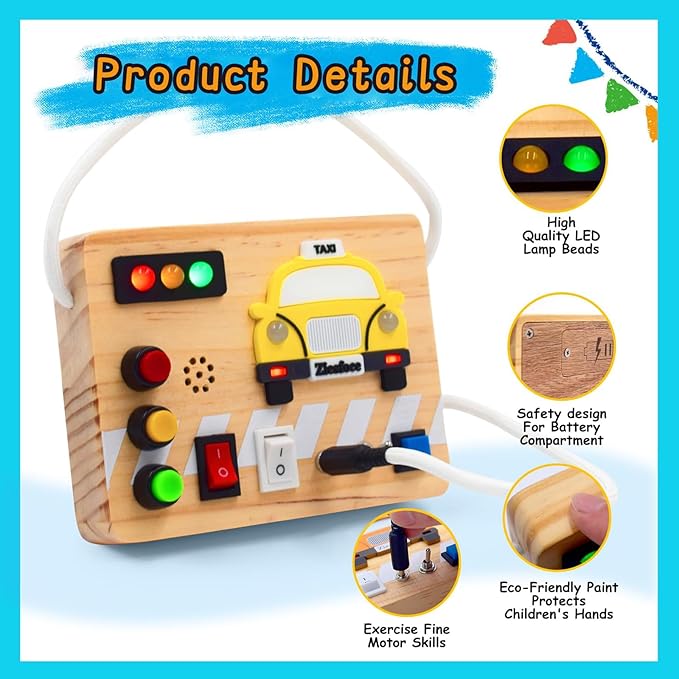 Montessori Busy Board Wooden Sensory Toys with LED Light Up Switch Travel Toys for 1+ Year Old Toddler Baby Boys Girls Gifts (Taxi Theme)