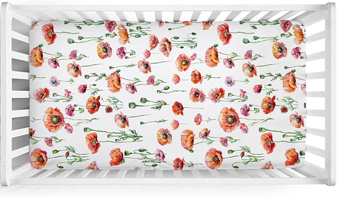 Watercolor Poppy Floral Baby Crib Sheets 52''x28'' Red Poppy Flowers Snug Fitted Crib Mattress Cover for Boy Girl Wild Floral Soft Baby Nursery Bed Sheets for Standard Crib and Toddler Mattresses