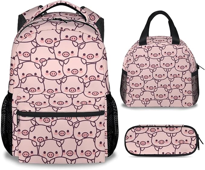 AIOMXZZ Pig Backpack with Lunch Box and Pencil Case, 16 Inch Cute Pig Bookbag Durable, Lightweight, Large Capacity, Funny Animal Backpack for School Girls Kids Women