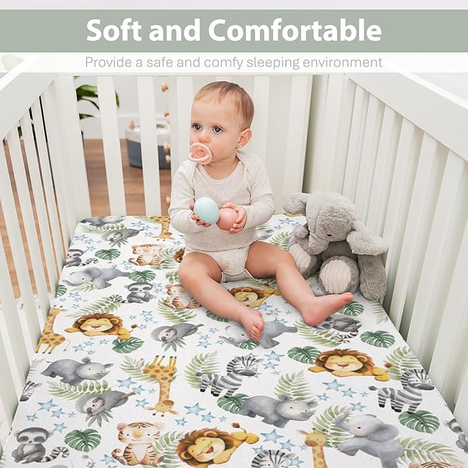 Jungle Friends Baby Crib Sheets for Boy Girl 52x28 Safari Lion Giraffe Elephant Tropical Leaves Soft Stretchy Fitted Crib Mattress Cover African Animal Baby Sheet for Standard Crib & Toddler Mattress