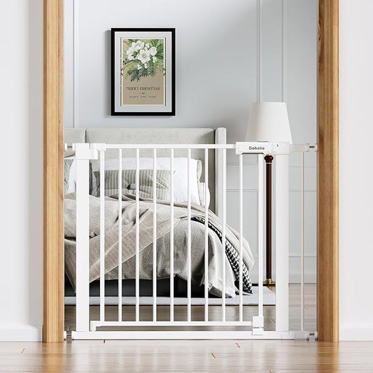 BABELIO Baby Gate for Doorways and Stairs, 36-41" Pet Gate with Wide Walk Thru Door and Lock Indicator, No Drill Pressure Mounted Safety Gate with Double Lock and Self-Closing, White