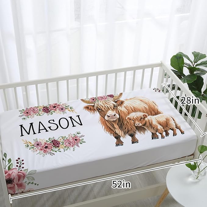 Personalized Baby Crib Bedding Set: 4 Piece Custom Flower Highland Cow Crib Bed Set with Name, Nursery Bedding Set for Baby Girls, Newborn Boys Crib Sets, Crib Bedding Custom Gift, Crib Sheet