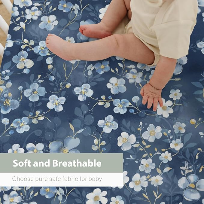 Wonderful Flowers Baby Crib Sheets for Boy Girl 52x28Inch Vintage Blue Floral Soft Stretchy Fitted Crib Mattress Cover Spring Summer Nursery Baby Sheet for Standard Crib and Toddler Bed Mattresses