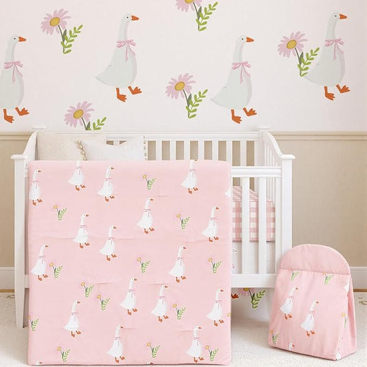 Oudain 4 Piece Goose Crib Bedding Set Including Goose Crib Skirt, Blanket, Sheet and Diaper Stacker, Soft Neutral Nursery Standard Size Baby Bedding for Baby Girls and Boys