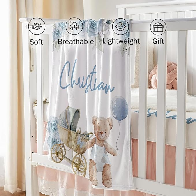 Custom Baby Crib Bedding Set, Personalized Name Bear Doll Theme Crib Set 3 Pcs, Soft Double Layer Blanket, Crib Sheet & Room Rug, Ideal Nursery Decor Gift for Baby Girls Boys