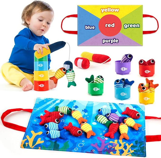 Toddler Montessori Toys for 1-3 Year Old Boy Girl, 23 Pcs Cloth Fishing Game Set with Double-Sided Mat, Learning Toys for Number & Color Sorting, Birthday Gifts for Babies & Toddlers