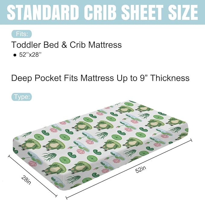 Funny Frogs Flower Leaves Pond Baby Crib Sheets 52''x28'' Water Lilies Lake Stretchy Fitted Crib Mattress Covers for Boy Girl Animal Soft Nursery Bed Sheets for Standard Crib and Toddler Mattresses