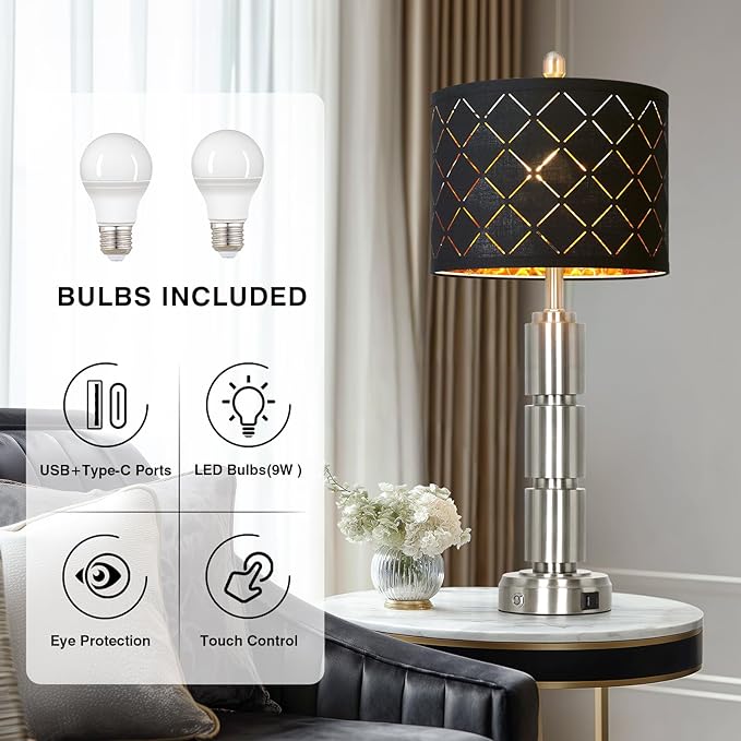 luxeflow Set of 2 Modern Table Lamps for Living Room Bedroom,29" Tall Bedside Lamp with 2 USB Port,Silver Metal Touch Nightstand Lamp for Desk End Side Table Entryway,Silver