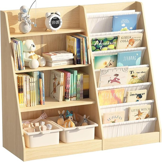 HedoAjim 4 Tier Kids Bookshelf Baby Toddler Book Rack Children Bookcase Toy Storage Organizer with 6 Sling Adjustable Shelf for Nursery Playroom Classroom Library Bedroom Natural Wood