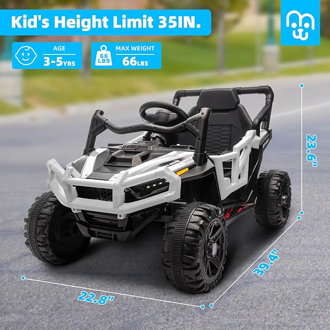 12V Kids Ride on Truck Car with Remote Control, Electric Off-Road UTV for Toddlers, Bluetooth Music, Suspension System Safety Belt, Electric Vehicles Gift for Boys & Girls-White