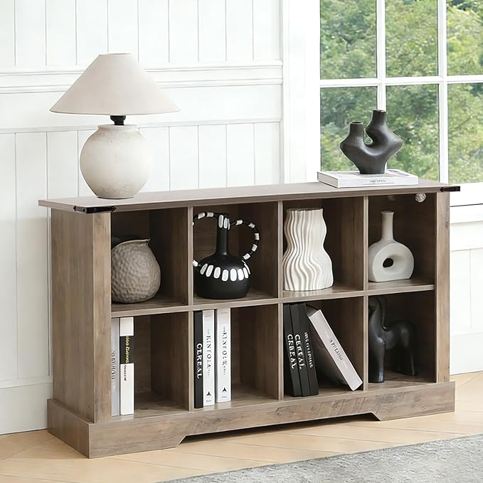 Puntogen 8 Cube Storage Organizer, Wood Cube Bookshelf with LED Lights, Horizontal Storage Cubes, Kids Bookshelf, Display Cabinet Cubby Shelf for Living Room Home Office Bedroom，Grey