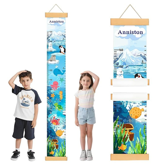 Personalized Name Height Chart for Kids, Canvas Ocean Animals Growth Chart for Wall Removable, Nursery and Playroom Wall Decor, Growth Chart for Boys Girls, Customized Gifts for Kids