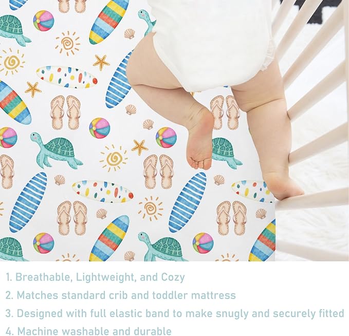 Boho Summer Beach Surf Baby Crib Sheet 52''x28'' Colorful Surfboard Sun Turtles Stretchy Fitted Crib Mattress Sheet for Boy Girl Holiday Soft Baby Bed Sheets for Standard Crib and Toddler Mattress