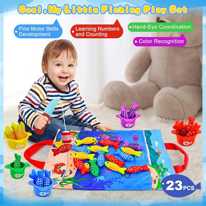 Montessori Toys for 1+ Year Old – 23 PCS Fishing Game with 2 Poles & 15 Fish, 10-in-1 Cloth Fishing Toys for Counting, Color & Shape Learning, Toys for 1 2 3 Year Old Boys Girls Gifts