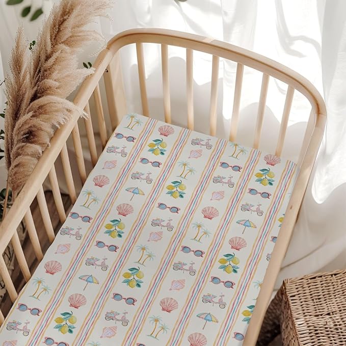 Boho Summer Beach Baby Crib Sheets for Girl 28"x52" Retro Lemon Palm Tree Sunglass Seashells Soft Snug Fitted Crib Mattress Cover Coastal Seaside Baby Sheet for Standard Crib & Toddler Bed Mattress