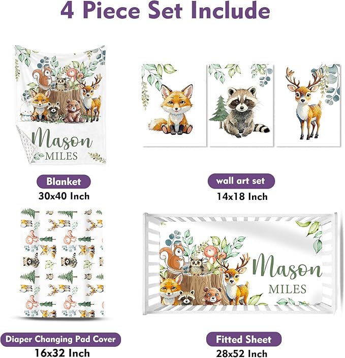 Personalized Baby Crib Bedding Set: 4 Piece Custom Gift Crib Bed Set with Name - Animal Stump Design, Nursery Bedding Set for Baby Girls,Newborn Boys Girls Crib Sets, Crib Bedding Shower Gifts