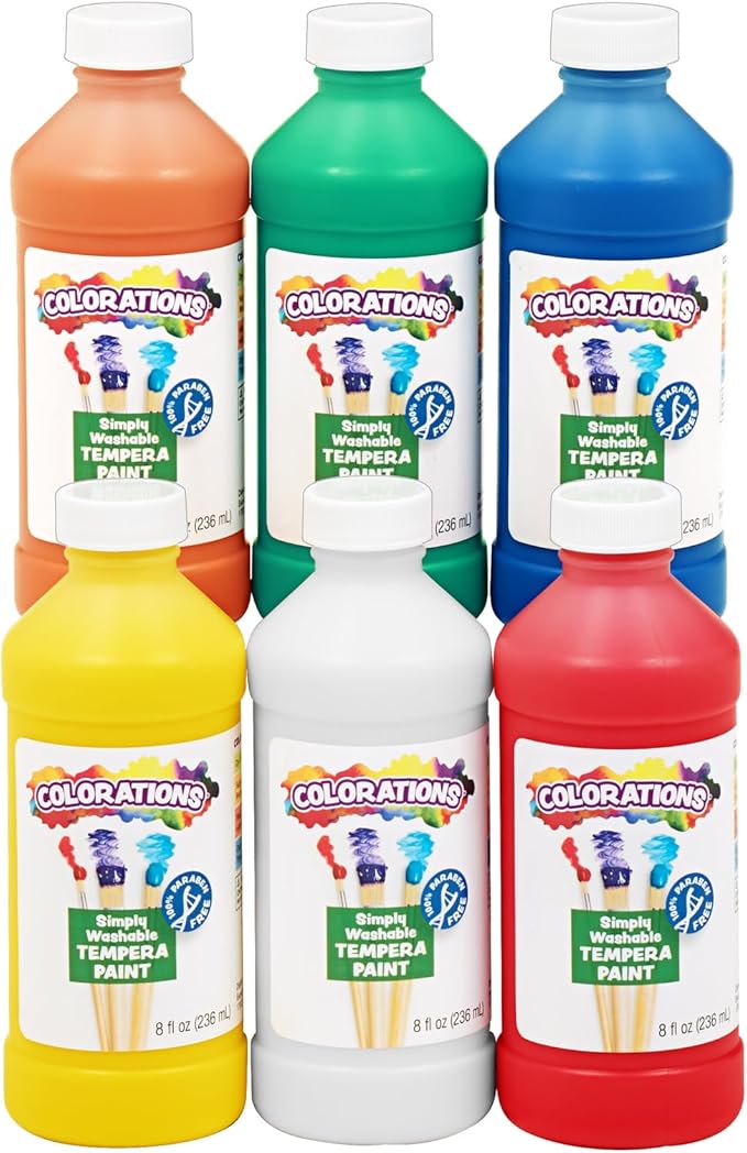 Colorations Paraben-Free Washable Tempera Paint for Kids - 8 Ounce Bottles, Set of 6 Primary Colors, Non-Toxic and Made in The USA