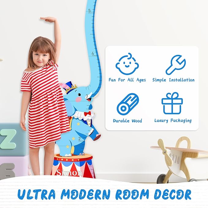Woodemon Personalized Name Kids Growth Chart Wall, Circus Elephant Wooden Height Chart for Kids, Height Measurement for Wall Kids Room Nursery Wall Decor