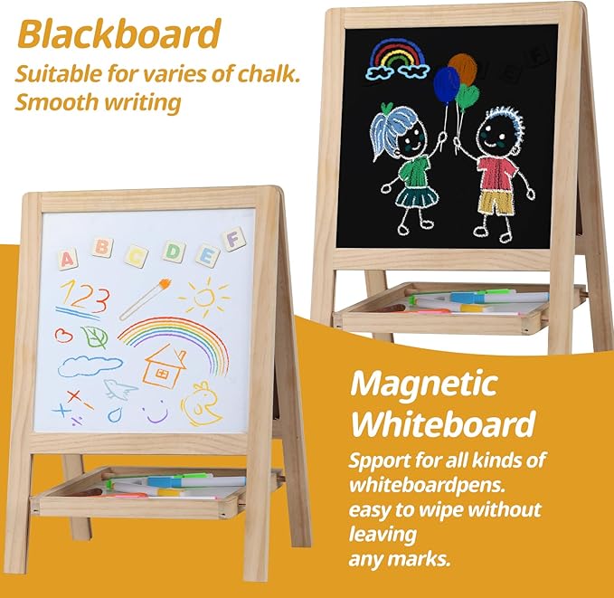 Tabletop Painting Wooden Art Easel for Kids - 4-in-1 Double-Sided Drawing Board for Toddlers 2-4, Chalkboard & Dry Whiteboard with Markers, Eraser, Magnetic Letters/Numbers & Flashcards
