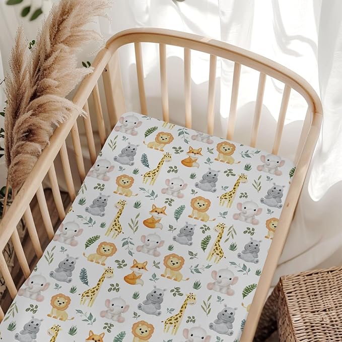 Safari Animals Baby Crib Sheets for Boy Girl 28"x52" Lion Giraffe Elephant Hippo Tropical Leaves Soft Snug Fitted Crib Mattress Cover Zoo Jungle Nursery Baby Sheet for Crib & Toddler Bed Mattress
