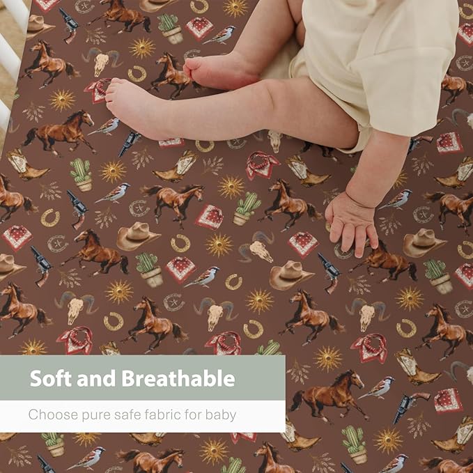 Western Cowboy Baby Crib Sheets for Boy Girl 52x28Inch Vintage Horse Cowboy Boots Hat Cactus Goat Sun Soft Snug Fitted Crib Mattress Cover Wild West Baby Sheet for Standard Crib & Toddler Mattresses