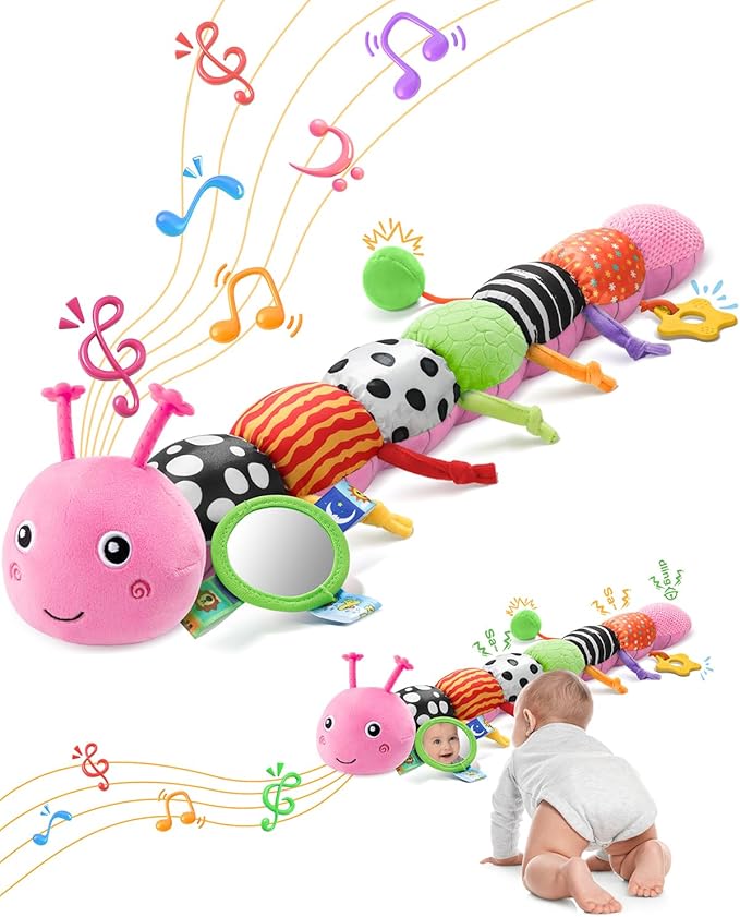 Baby Toys 6-12 Months Music Caterpillar,Stuffed Animals Infant Toys 0-3-6 Months,Teething Sensory Toys Tummy Time with Mirror Crinkle Rattle&Pull String for Boys Girls Gifts Birthday|Pink