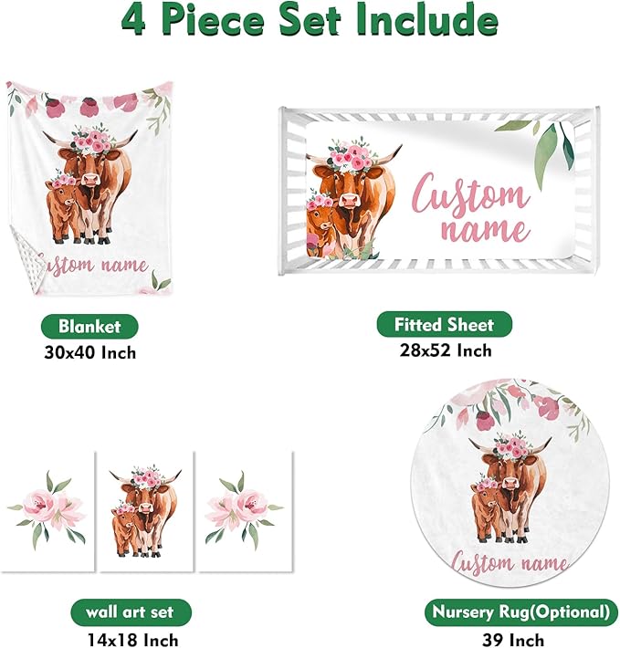 Personalized Baby Crib Bedding Set: 4 Piece Custom Pink Flowered Highland Cow Crib Bed Set with Name, Nursery Bedding Set for Baby Girls, Newborn Boys Crib Sets, Crib Bedding Custom Gift, Crib Sheet
