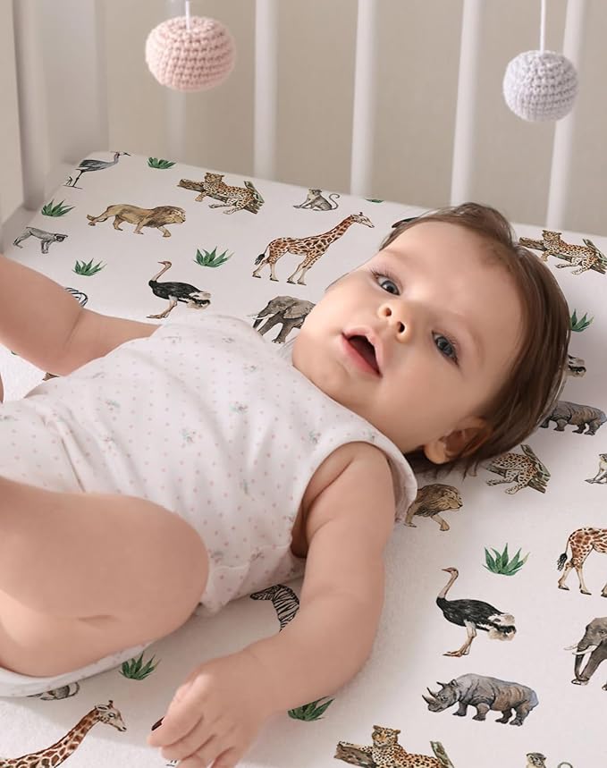 Pack and Play Sheets 2 Pack, Fitted Jersey Knit Mini Crib Sheets for Baby Boys and Girls, Compatible with Graco Pack N Play and Mini Crib Mattress (Jungle Journey, Pack N Play/Mini Crib Sheets)