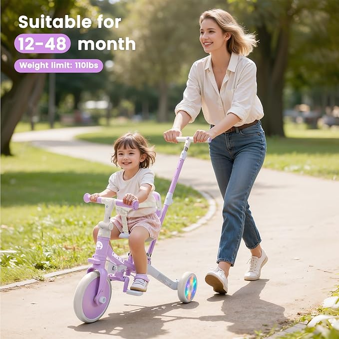 5-in-1 Tricycle for Toddlers 1-3, Convertible Toddler Bike with Push Handle & Removable Pedals, Balance Bike with Colorful Lighting Wheels, Adjustable Seat Height with Backrest (Purple)
