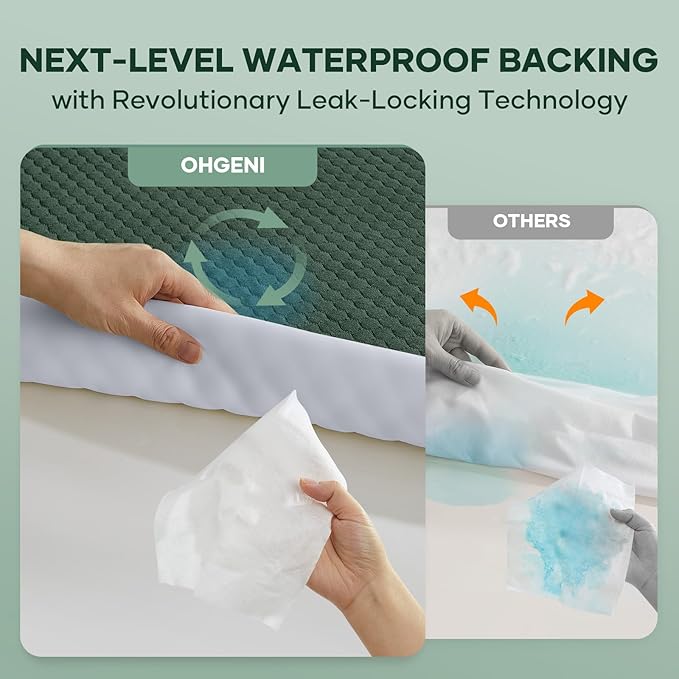 OhGeni 100% Waterproof Mattress Protector,Queen Size Mattress Soft Pad,Hair & Bedwetting Resistant,Cooling Breathable Fitted Sheets,Washable Bed Cover,Non-Slip Deep Pocket,Noiseless for Bedroom,Green