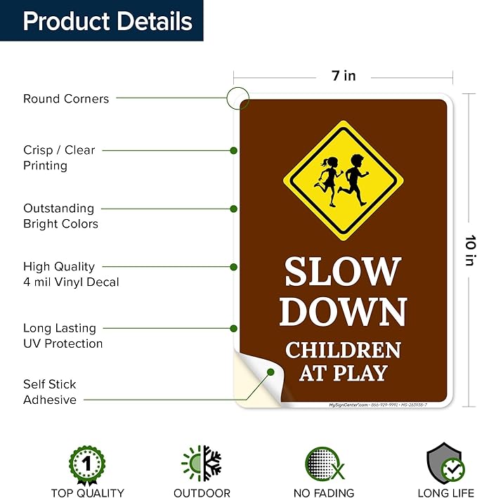 Slow Down Children At Play Sign, 10x7 Inches, 4 Mil Vinyl Decal Stickers Weather Resistant, Made in USA by My Sign Center