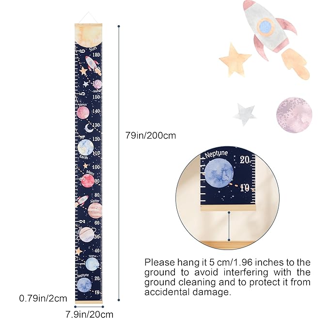 BESSLEE Canvas Kids Growth Chart for Wall, Galaxy Space Height Measurement Tracker for Baby Boy, Hanging Ruler with Removable Hook, Nursery Room Playroom Toddler Bedroom Decor, 79”x7.9”