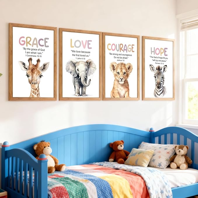 Cute Giraffe Elephant Tiger Zebra Quote Framed Wall Art Set of 4, 11x16 Boho Educational Grace Love Courage Hope Saying Sign for Baby Girl Kid Boy Toddlers, Wooden Inspirational Nursery Wall Decor