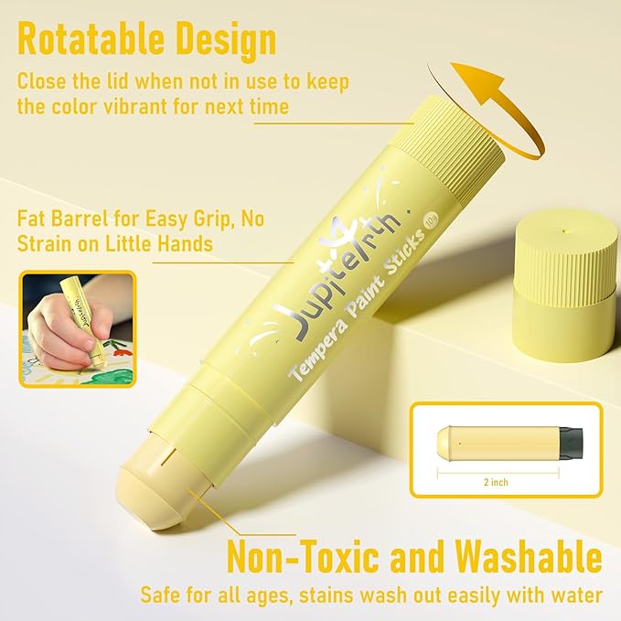 JUPITEARTH 24 Colors Tempera Paint Sticks with 120 PDF Coloring Pages and 30 Stickers, Quick Drying, Smooth, Non-Toxic and Washable Paint Sticks for Kids Drawing on Pumpkin, Wood, Rock, Glass