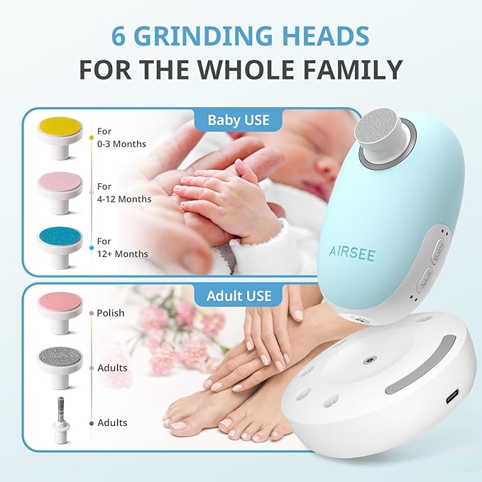 AIRSEE Premium Newborn Gift, Electric Baby Nail File, Cordless Safe Nail Trimmer for Infant, 6 Replacement Heads with Magnetic Storage Case, 360° Light, Baby Clipper, Christmas, Light Blue