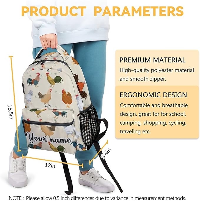 COOPASIA Personalized Chicken Backpack, 16 Inch Animal Theme Bookbag with Adjustable Straps, Durable, Lightweight, Large Capacity, School Backpack for Kids Girls Boys