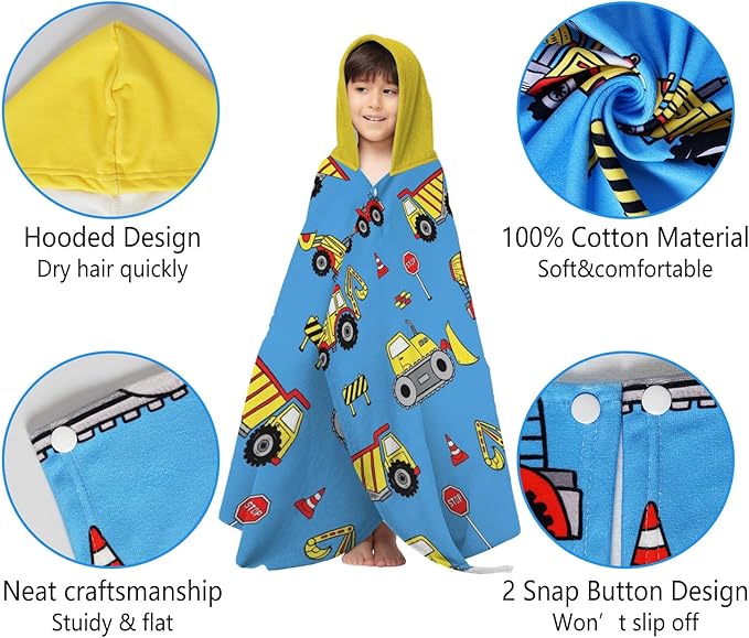 Thickened Hooded Towels for Kids Suitable Girls Boys Kids Bath Towels, 30"x50" Super Absorbent, Truck Cute Cartoon Toddler Towels Multi-Purpose for Beach, Pool and Bathroom