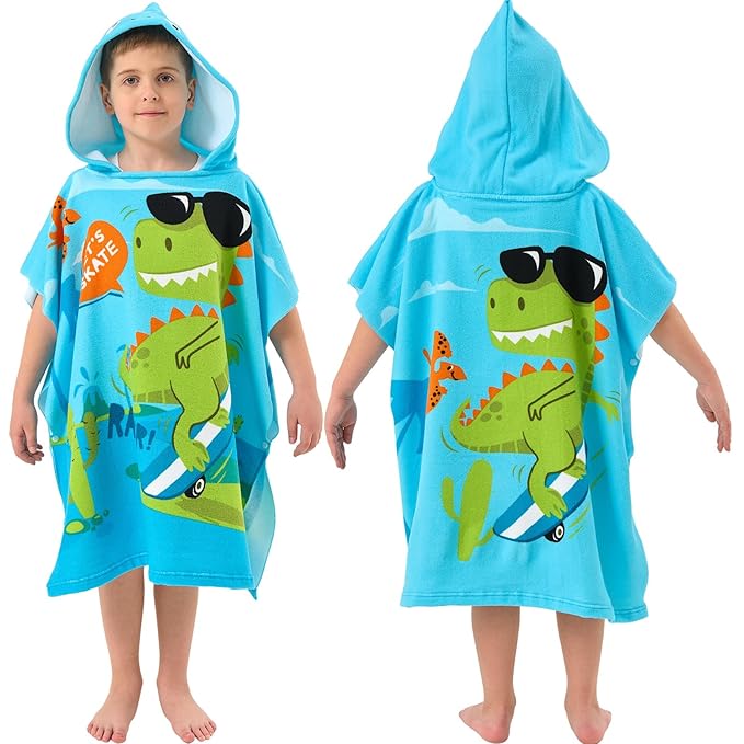 PINNKKU PINNKU Dinosaur Beach Towel with Hood for 2-10 Years, Soft Absorbent Hooded Bath Towels for Boys Girls, Toddler Pool Swim