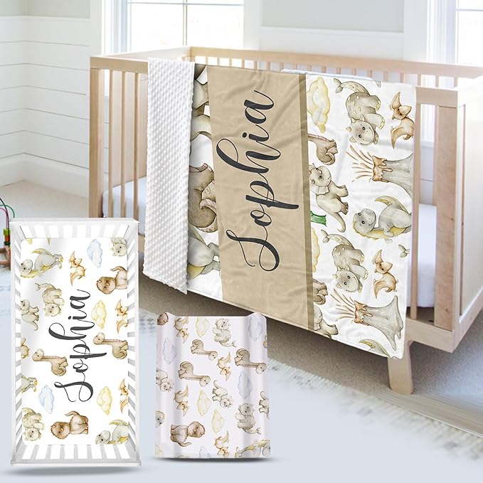 Custom Name Crib Bedding Set 3-Piece – Cute Dinosaur Design Baby Bedding Set with Personalized Soft Blanket, Fitted Sheet, Changing Pad Cover – Ideal Newborn Gift for Boys and Girls