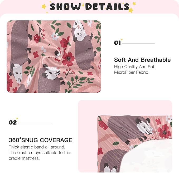 Opossum Possum Pink Crib Sheets Soft Breathable Fitted Baby Crib Sheets Mattress Cover for Girl Boys, 52" x 28" x 9"
